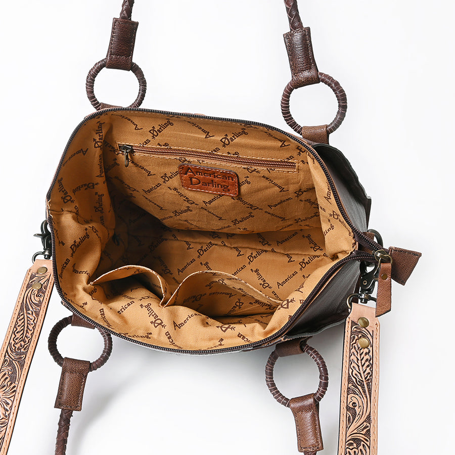 American Darling Hair-On Cowhide Tote Bag, Hand-Tooled Floral Western Leather Purse, Buck Stitched, 10in (H) X 13.5in (W) X 4in (D)