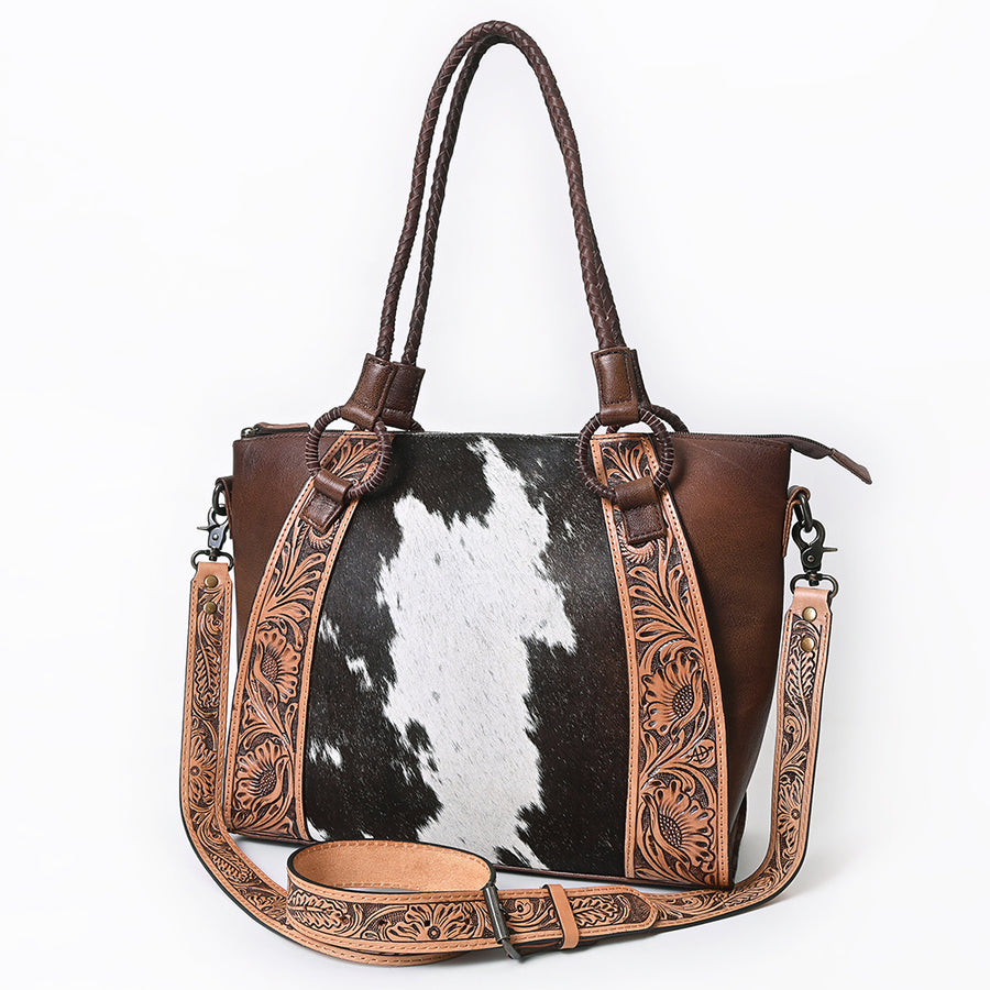 American Darling Western Hair-On Cowhide and Hand-Tooled Floral Tote Bag - Uhorse