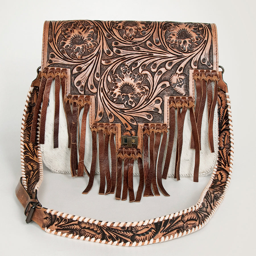 American Darling Messenger Bag Western Hand Tooled Floral Genuine Leather with Hair-On Cowhide Fringes & YKK Zipper for Women