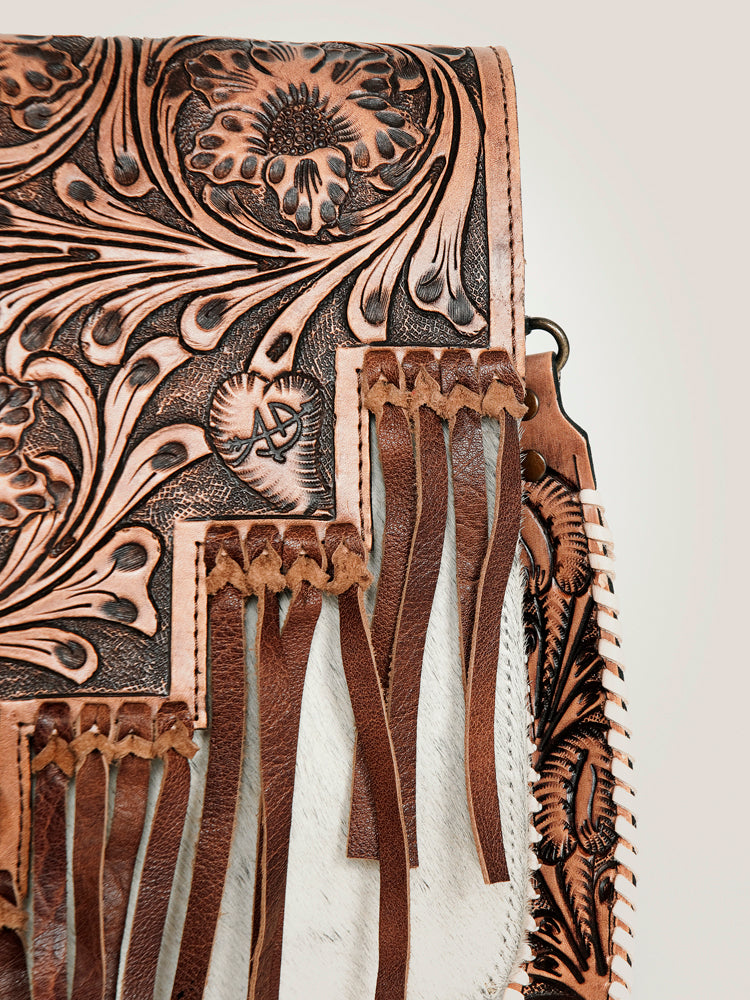 American Darling Messenger Bag Western Hand Tooled Floral Genuine Leather with Hair-On Cowhide Fringes & YKK Zipper for Women