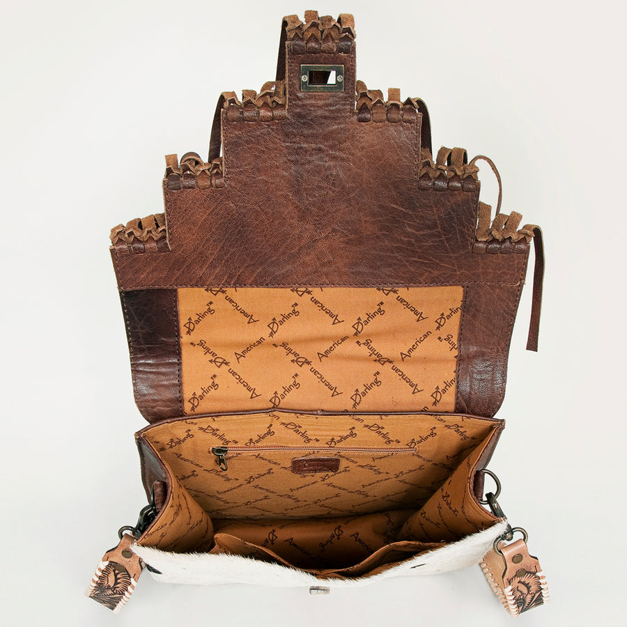 American Darling Messenger Bag Western Hand Tooled Floral Genuine Leather with Hair-On Cowhide Fringes & YKK Zipper for Women