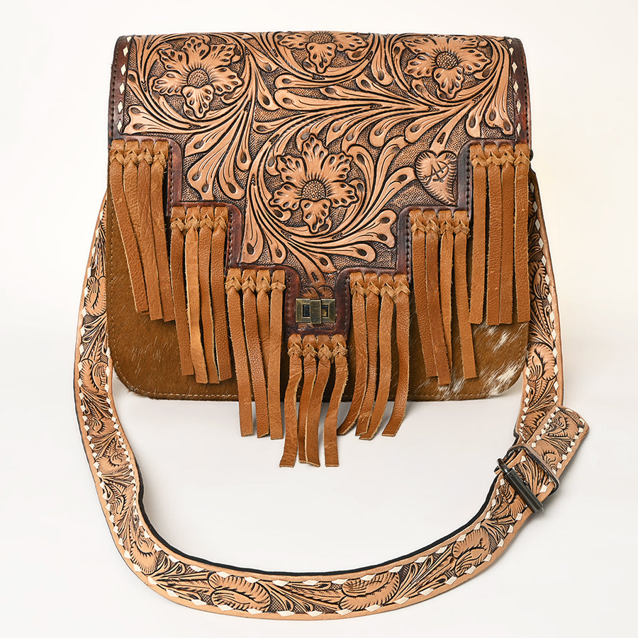 American Darling Messenger Bag Western Hand Tooled Floral Genuine Leather with Hair-On Cowhide Fringes & YKK Zipper for Women