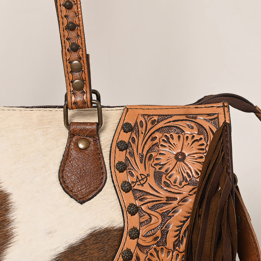 American Darling Tote Bag, Hand-Tooled Floral Western Leather Purse with Side Fringes, 11in (H) X 16in (W) X 5.5in (D)