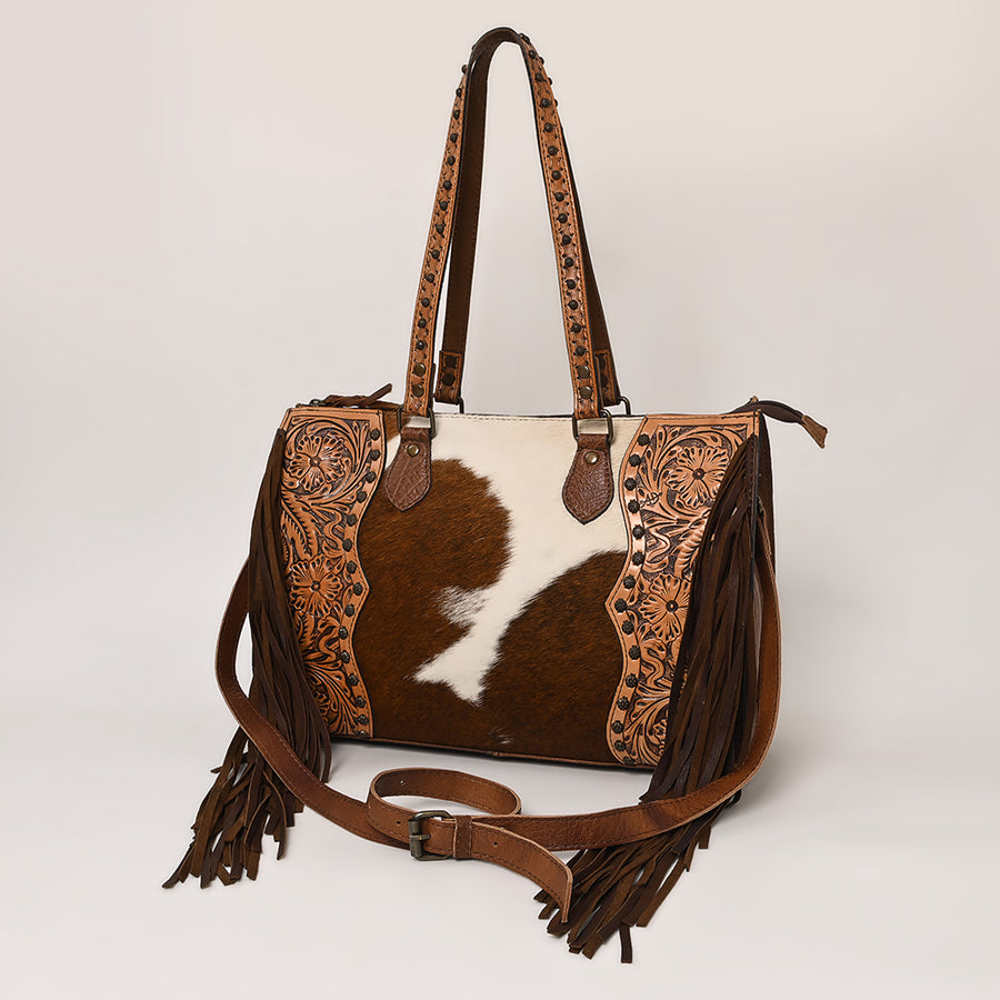 American Darling Western Hand-Tooled Floral Tote Bag with Cowhide and Fringes - Uhorse