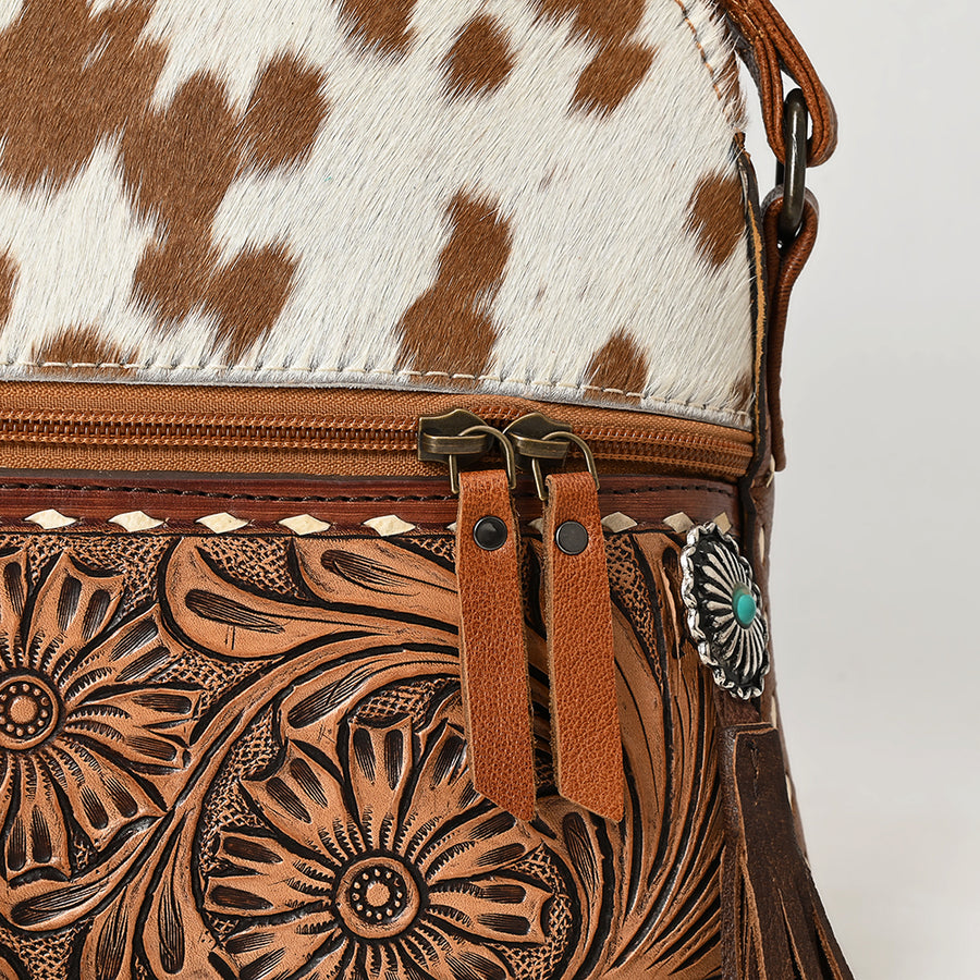 American Darling Cross body Bag, Hand-Tooled Floral Western Leather Purse, Hair-On Cowhide, 9in (H) X 13in (W) X 5.5in (D)