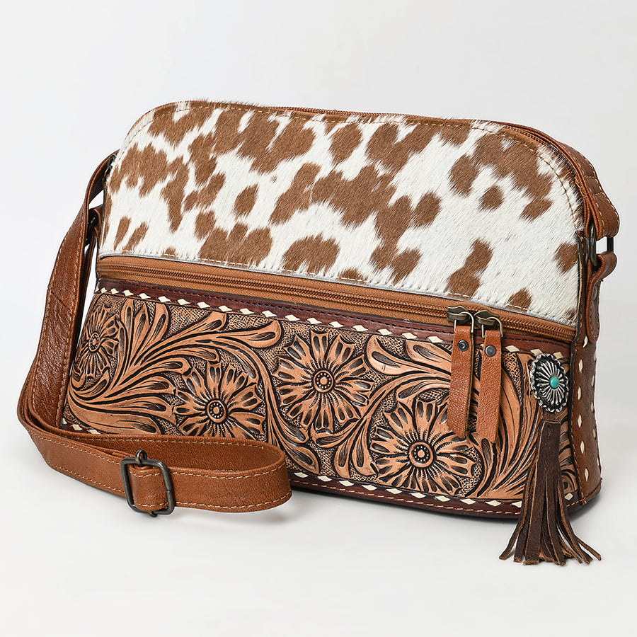 American Darling Cross body Bag, Hand-Tooled Floral Western Leather Purse, Hair-On Cowhide, 9in (H) X 13in (W) X 5.5in (D)