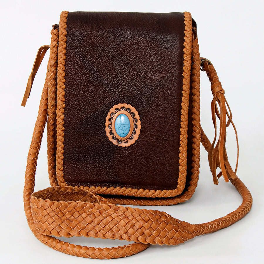 American Darling Cross body Bag, Handcrafted Genuine Vegetable-Tanned Leather Western Purse with Turquoise Stone, 8in X 10in