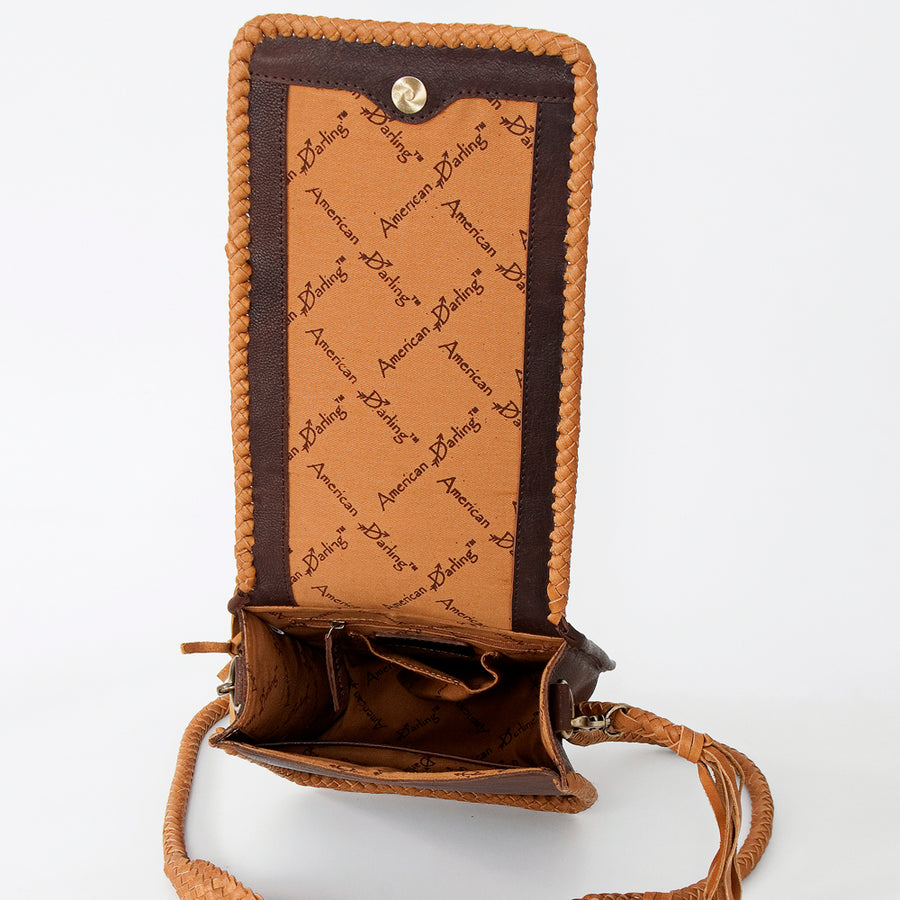 American Darling Cross body Bag, Handcrafted Genuine Vegetable-Tanned Leather Western Purse with Turquoise Stone, 8in X 10in