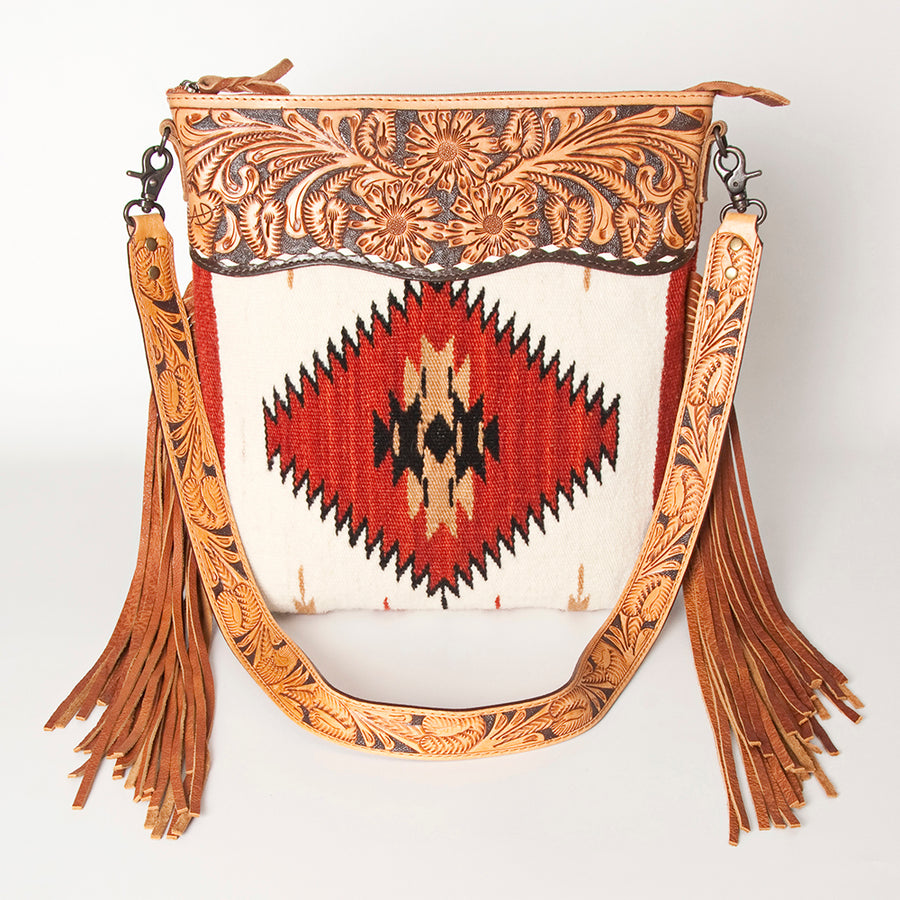 American Darling Signature Cross Body Bag Hand Tooled Floral Carved Leather Woven Saddle Blanket Fringes Genuine Leather