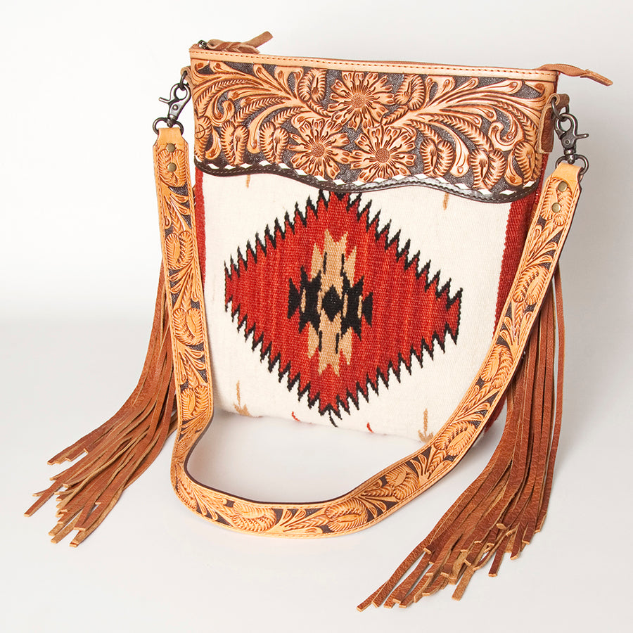 American Darling Signature Cross Body Bag - Hand Tooled Floral Leather and Woven Saddle Blanket - Uhorse