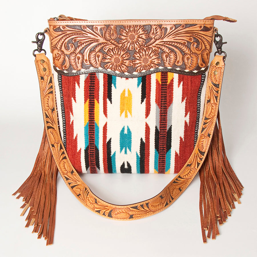 American Darling Signature Cross Body Bag Hand Tooled Floral Carved Leather Woven Saddle Blanket Fringes Genuine Leather