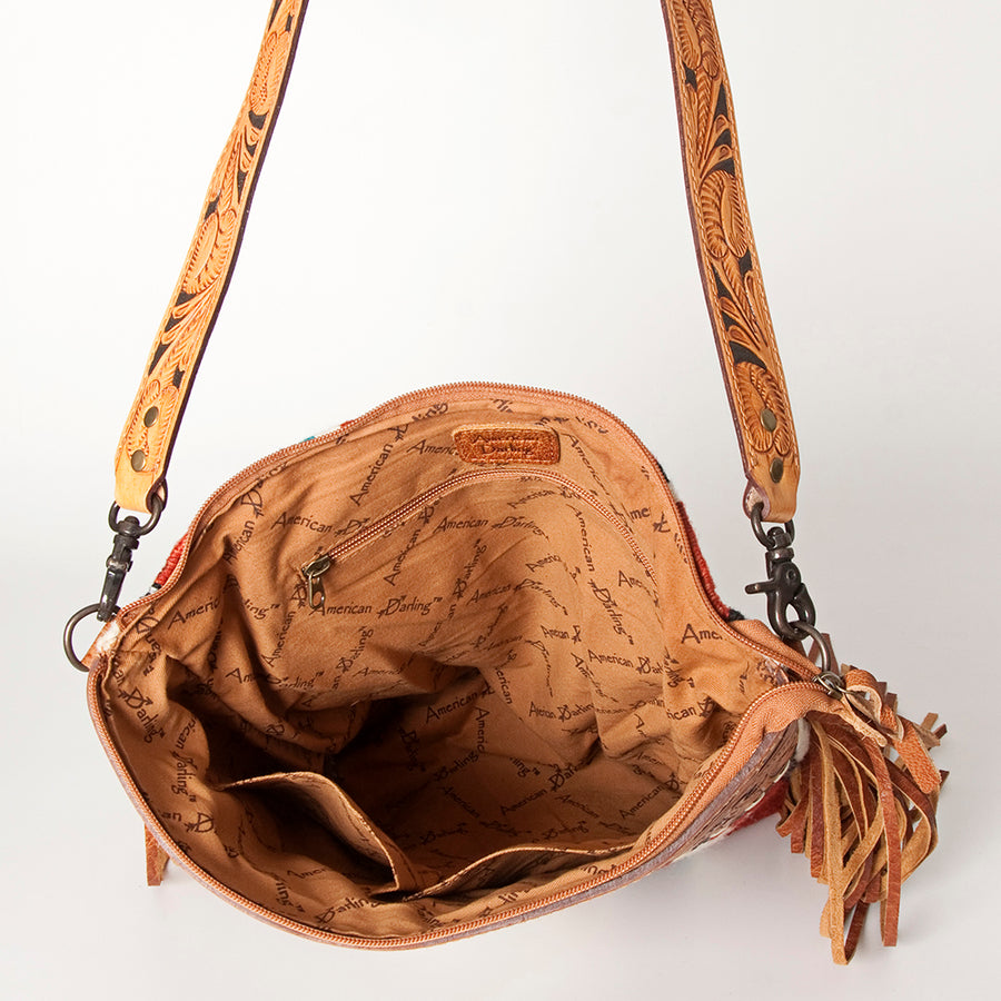 American Darling Signature Cross Body Bag Hand Tooled Floral Carved Leather Woven Saddle Blanket Fringes Genuine Leather