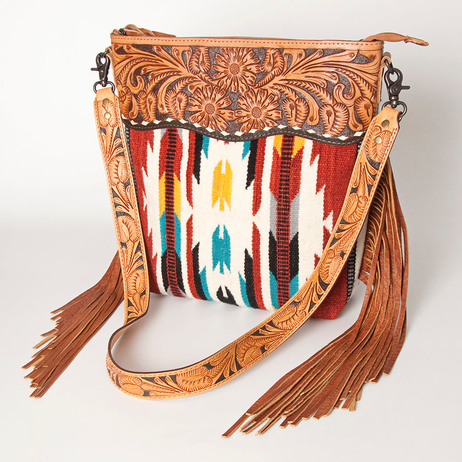 American Darling Signature Cross Body Bag - Hand Tooled Floral Leather and Woven Saddle Blanket - Uhorse