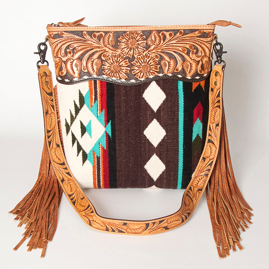 American Darling Signature Cross Body Bag Hand Tooled Floral Carved Leather Woven Saddle Blanket Fringes Genuine Leather