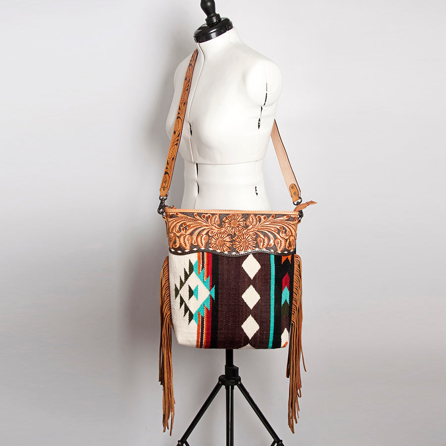 American Darling Signature Cross Body Bag Hand Tooled Floral Carved Leather Woven Saddle Blanket Fringes Genuine Leather