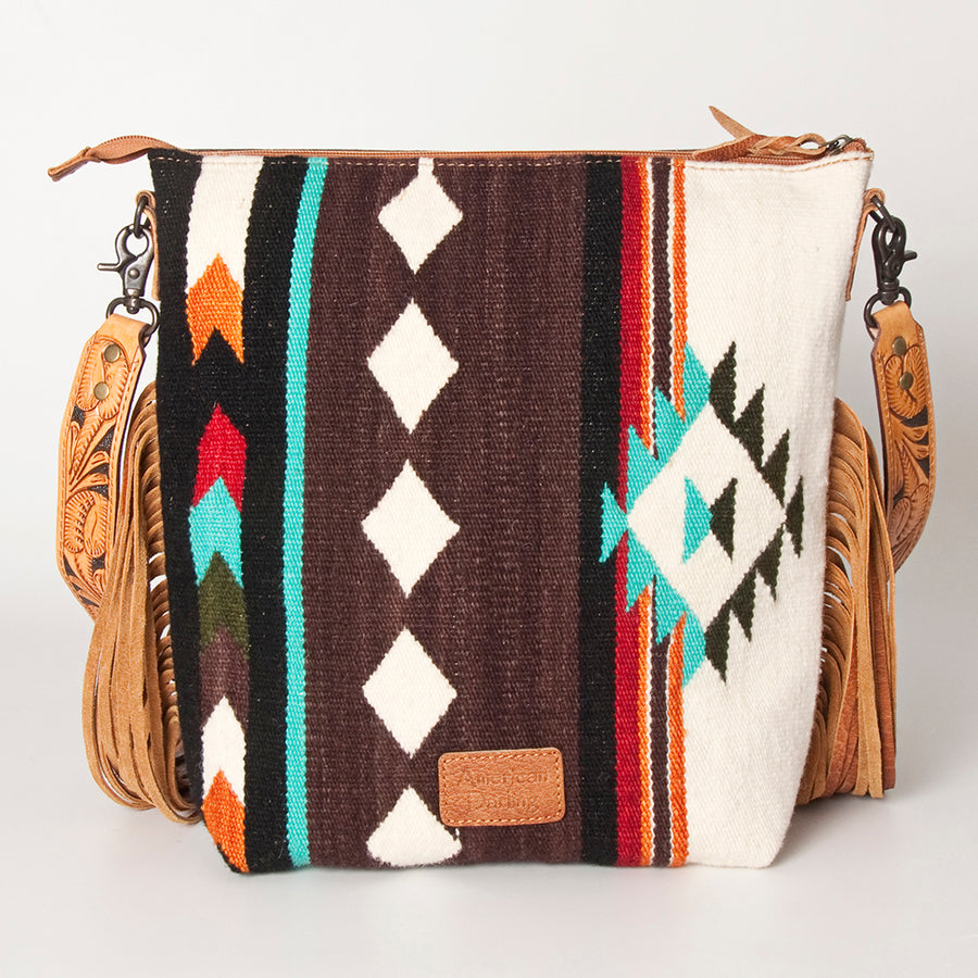 American Darling Signature Cross Body Bag Hand Tooled Floral Carved Leather Woven Saddle Blanket Fringes Genuine Leather