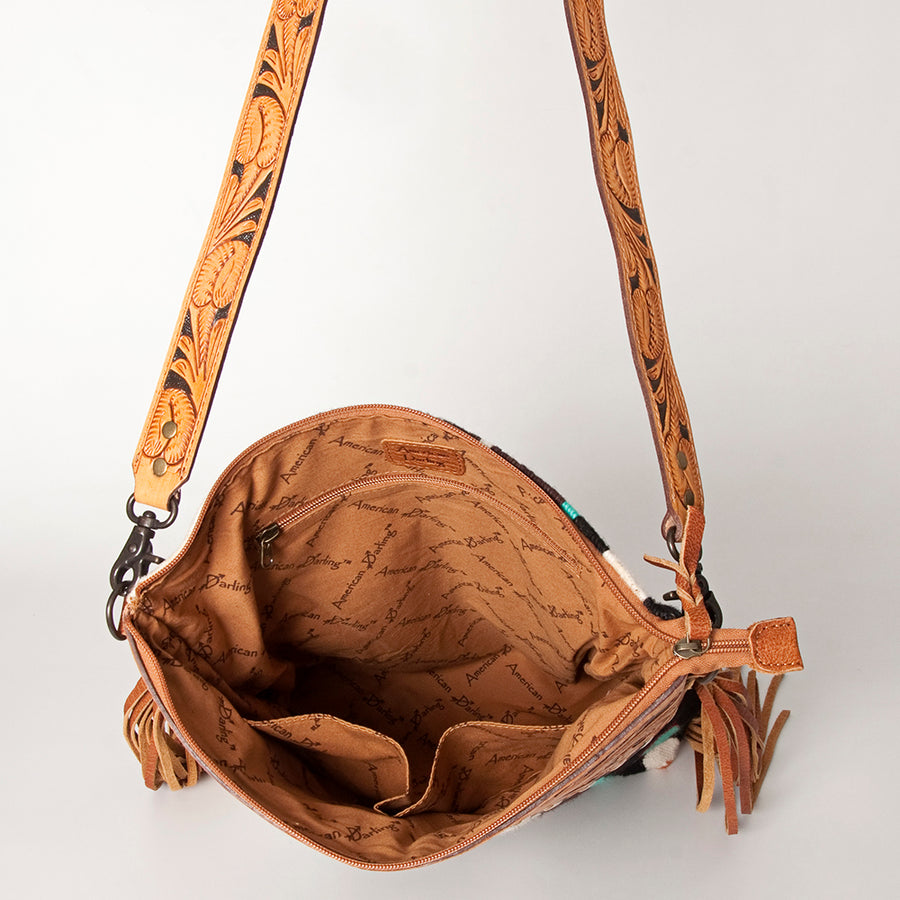 American Darling Signature Cross Body Bag Hand Tooled Floral Carved Leather Woven Saddle Blanket Fringes Genuine Leather