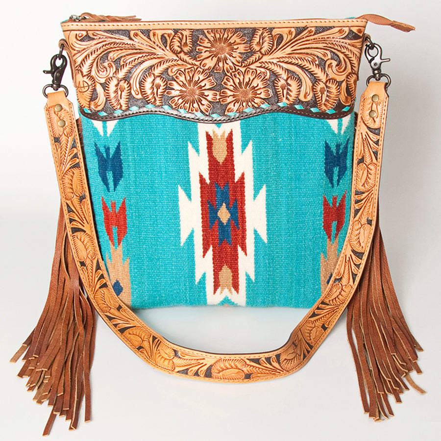 American Darling Signature Cross Body Bag Hand Tooled Floral Carved Leather Woven Saddle Blanket Fringes Genuine Leather