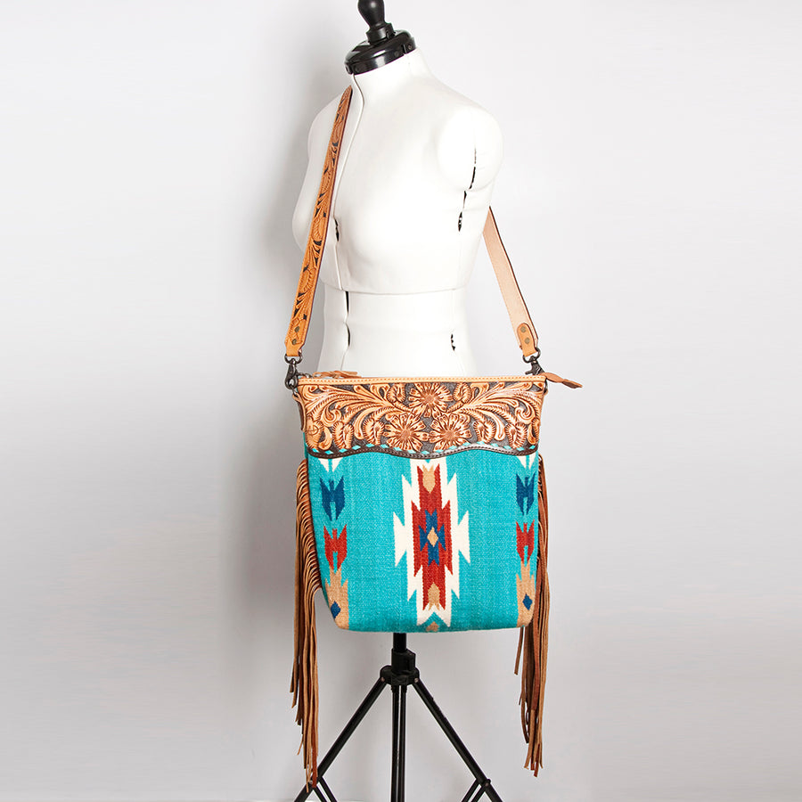 American Darling Signature Cross Body Bag Hand Tooled Floral Carved Leather Woven Saddle Blanket Fringes Genuine Leather