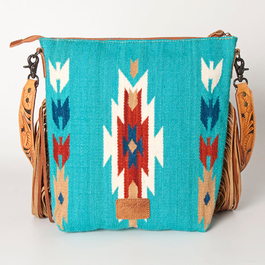 American Darling Signature Cross Body Bag Hand Tooled Floral Carved Leather Woven Saddle Blanket Fringes Genuine Leather