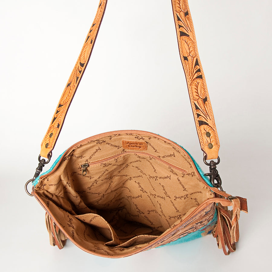 American Darling Signature Cross Body Bag Hand Tooled Floral Carved Leather Woven Saddle Blanket Fringes Genuine Leather