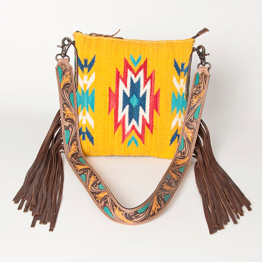 American Darling Large Cross body Bag, Hand-Woven Saddle Blanket & Hand Tooled Leather with Fringes, Western Handcrafted Purse