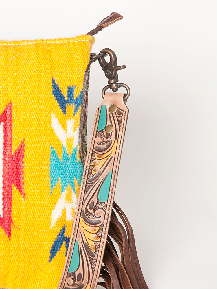 American Darling Large Cross body Bag, Hand-Woven Saddle Blanket & Hand Tooled Leather with Fringes, Western Handcrafted Purse
