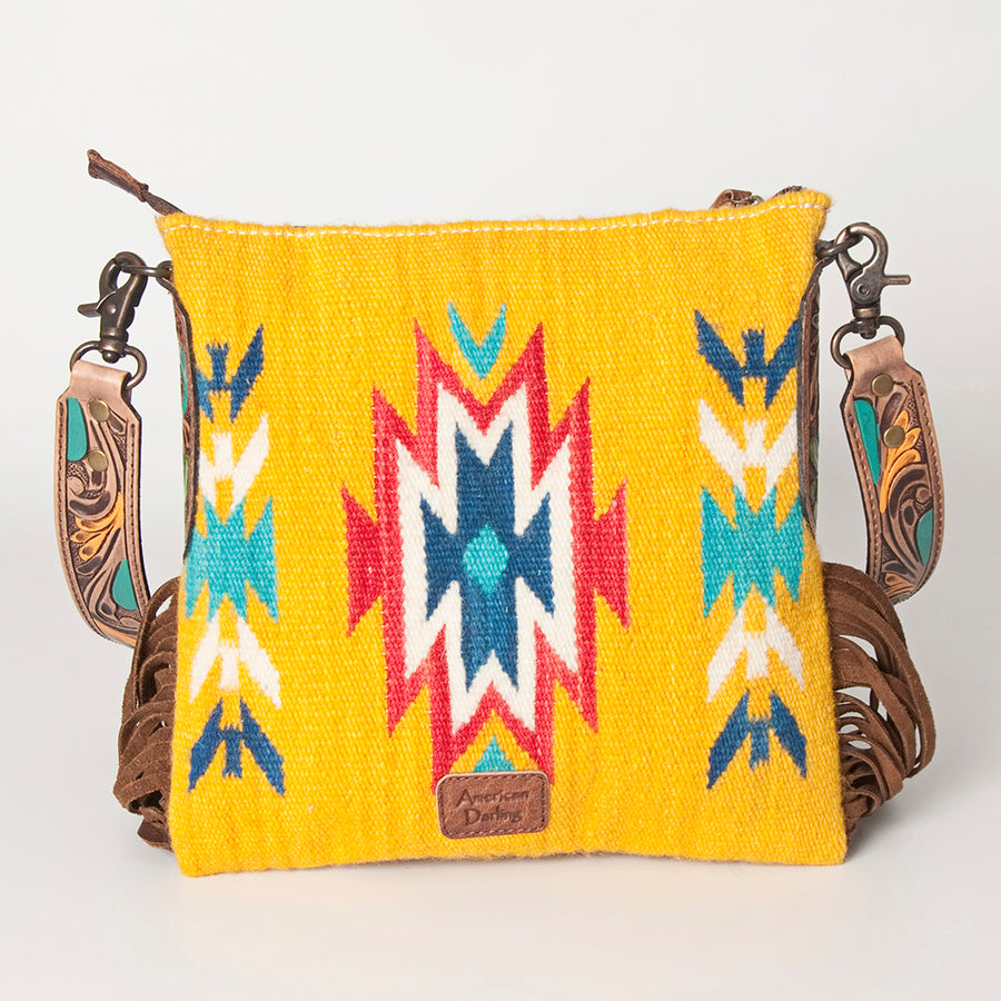 American Darling Large Cross body Bag, Hand-Woven Saddle Blanket & Hand Tooled Leather with Fringes, Western Handcrafted Purse