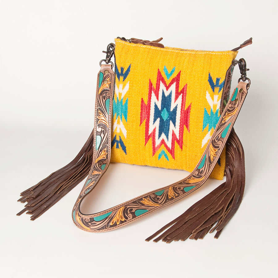 American Darling Hand-Woven Saddle Blanket Large Cross body Bag | Tooled Leather Fringed Purse - Uhorse