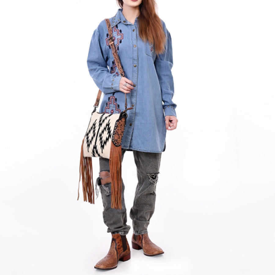 American Darling Large Cross body Bag, Hand-Woven Saddle Blanket & Hand Tooled Leather with Fringes, Western Handcrafted Purse