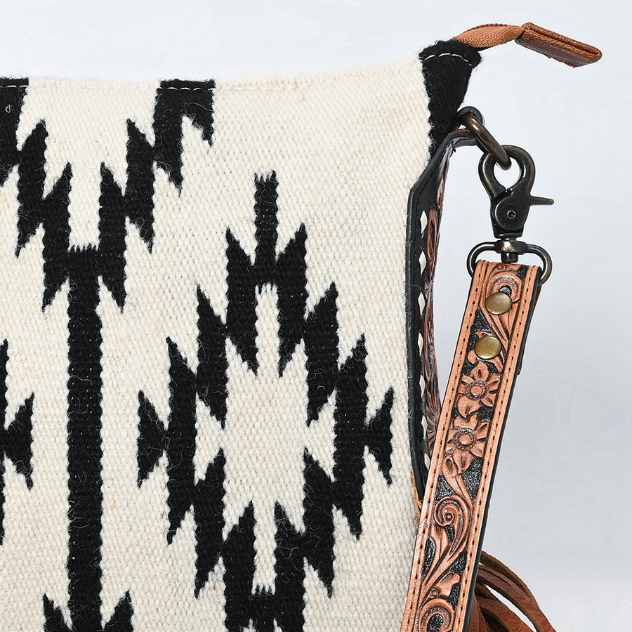 American Darling Large Cross body Bag, Hand-Woven Saddle Blanket & Hand Tooled Leather with Fringes, Western Handcrafted Purse