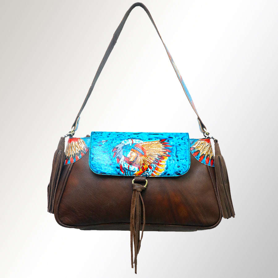 American Darling Cross body Bag, Hand Painted Western Scene, Genuine Vegetable Tanned Leather with Tassels, 8in X 3in X 12in