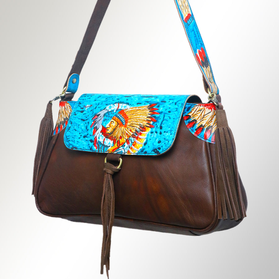 Brown leather shoulder bag with turquoise tooled flap and fringe - Uhorse