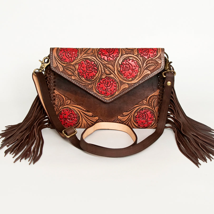American Darling Leather Envelope for Women - Hand Tooled Floral Carved Genuine Leather Crossbody with Fringes & YKK Zipper