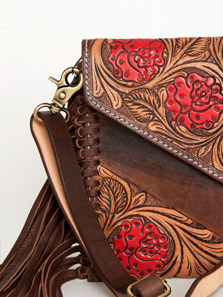 American Darling Leather Envelope for Women - Hand Tooled Floral Carved Genuine Leather Crossbody with Fringes & YKK Zipper