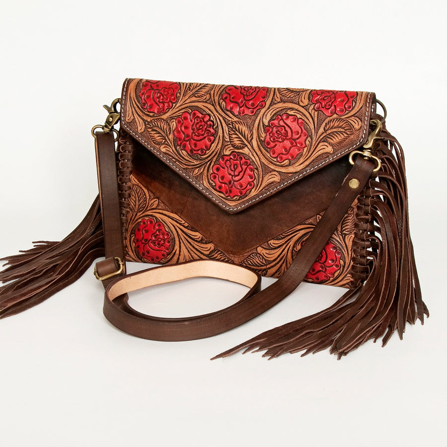 American Darling Hand Tooled Floral Carved Leather Envelope with Fringes - Uhorse