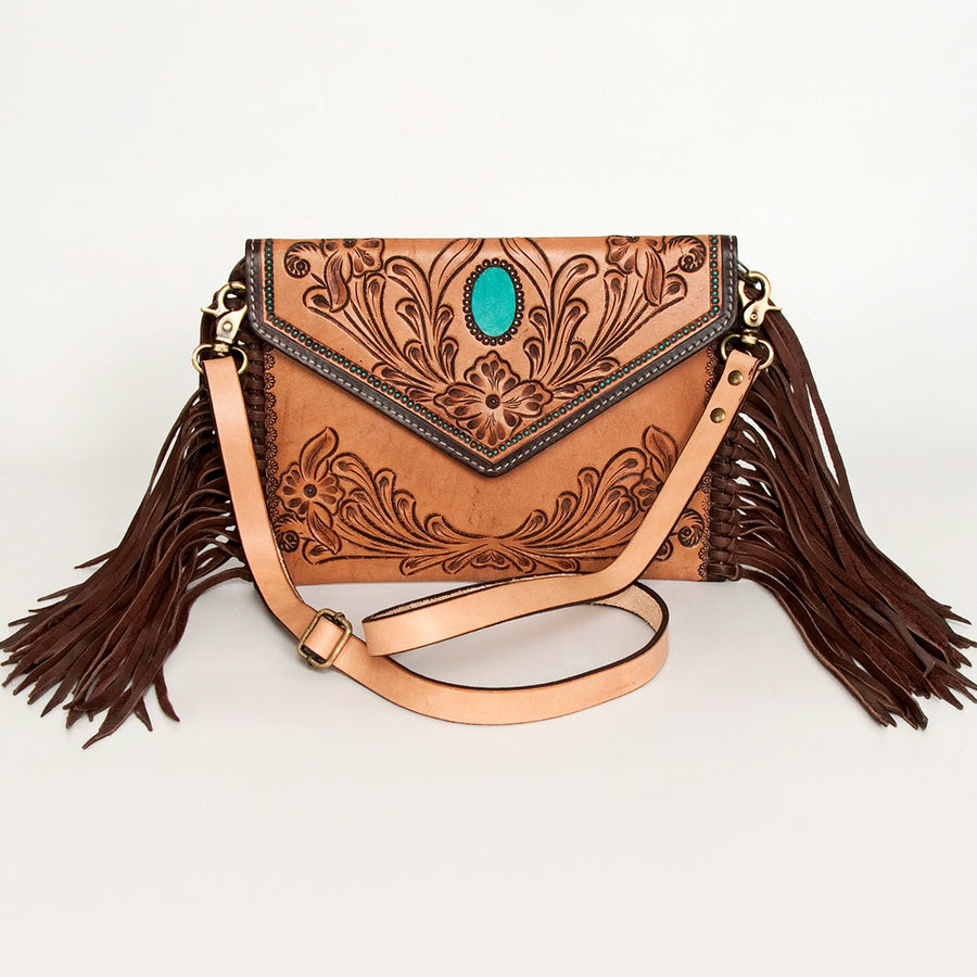 American Darling Leather Envelope for Women - Hand Tooled Floral Carved Genuine Leather Crossbody with Fringes & YKK Zipper