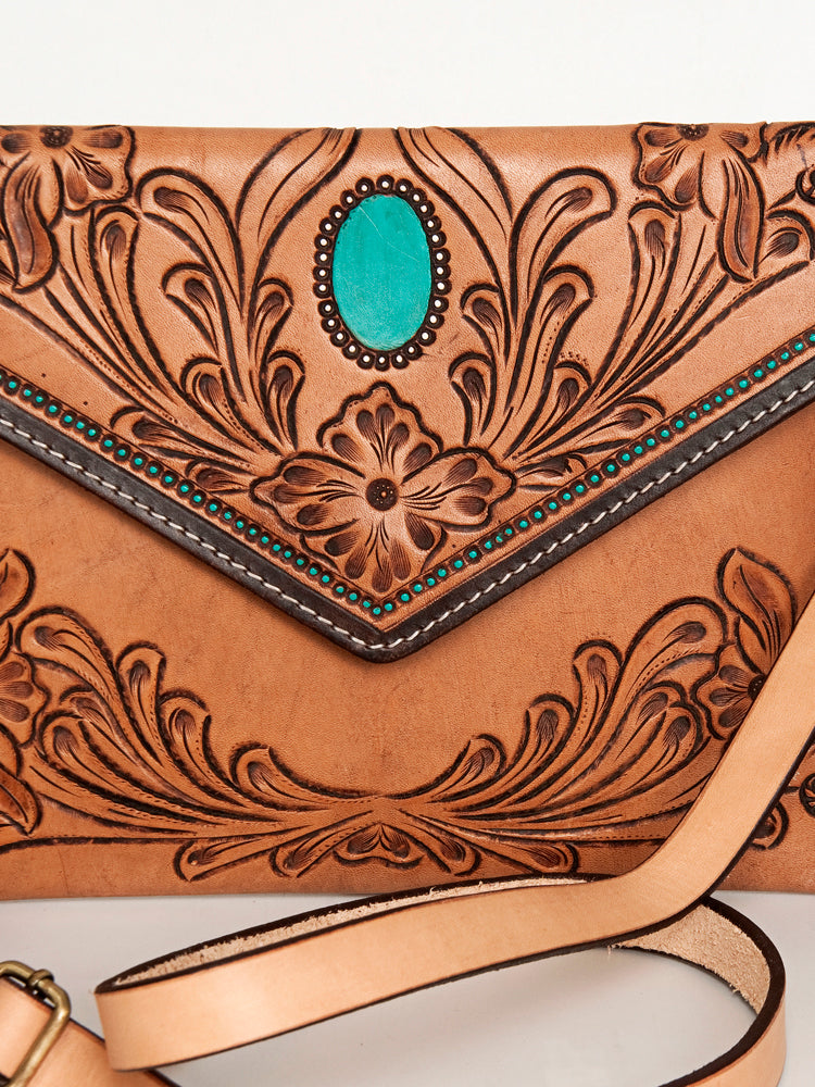 American Darling Leather Envelope for Women - Hand Tooled Floral Carved Genuine Leather Crossbody with Fringes & YKK Zipper