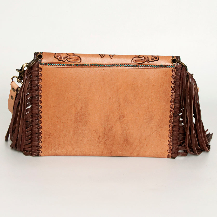 American Darling Leather Envelope for Women - Hand Tooled Floral Carved Genuine Leather Crossbody with Fringes & YKK Zipper