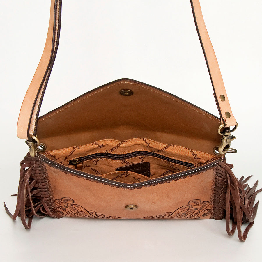 American Darling Leather Envelope for Women - Hand Tooled Floral Carved Genuine Leather Crossbody with Fringes & YKK Zipper