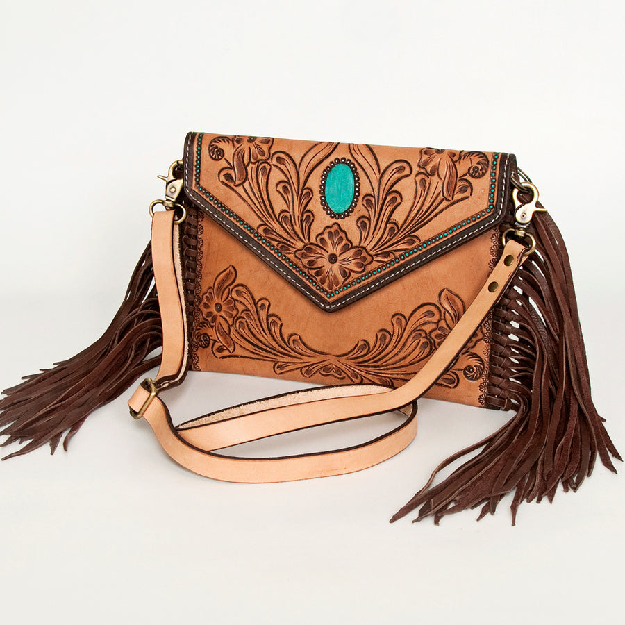 American Darling Hand Tooled Floral Carved Leather Envelope with Fringes - Uhorse