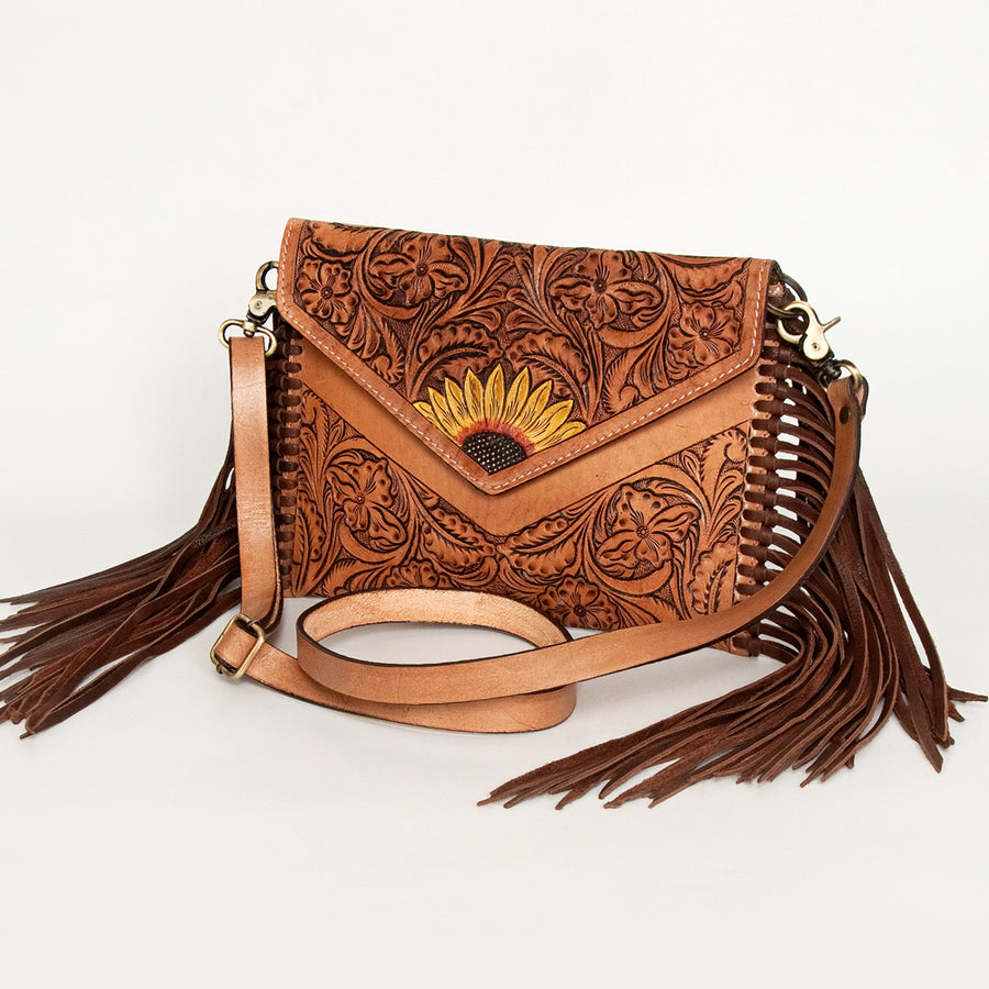 American Darling Leather Envelope for Women - Hand Tooled Floral Carved Genuine Leather Crossbody with Fringes & YKK Zipper