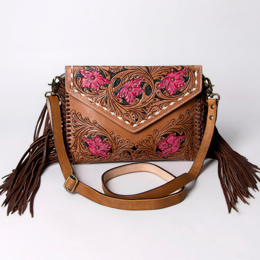 American Darling Leather Envelope for Women - Hand Tooled Floral Carved Genuine Leather Crossbody with Fringes & YKK Zipper