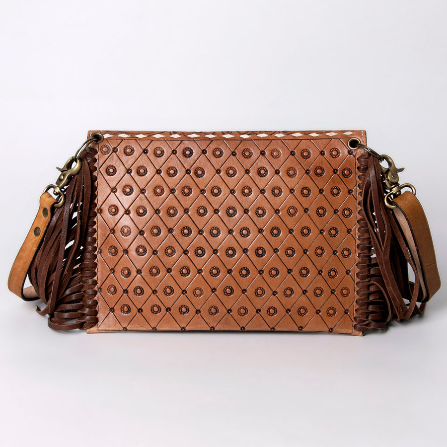 American Darling Leather Envelope for Women - Hand Tooled Floral Carved Genuine Leather Crossbody with Fringes & YKK Zipper