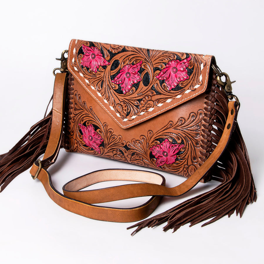 American Darling Hand Tooled Floral Carved Leather Envelope with Fringes - Uhorse