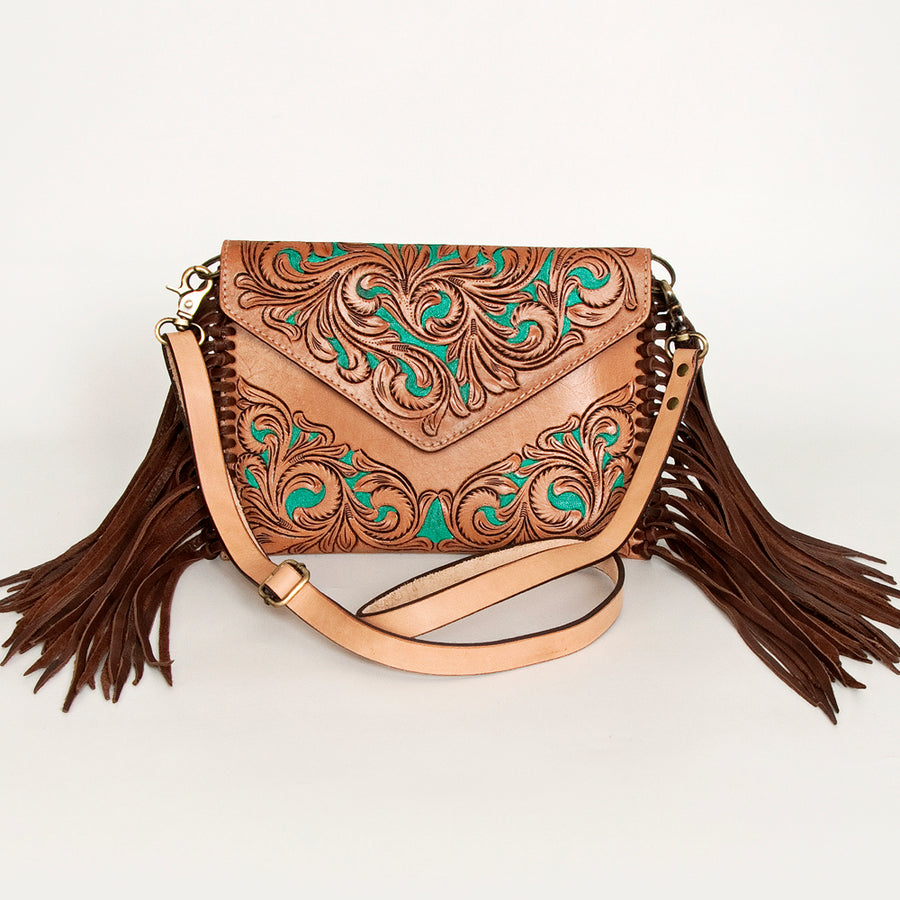 American Darling Leather Envelope for Women - Hand Tooled Floral Carved Genuine Leather Crossbody with Fringes & YKK Zipper