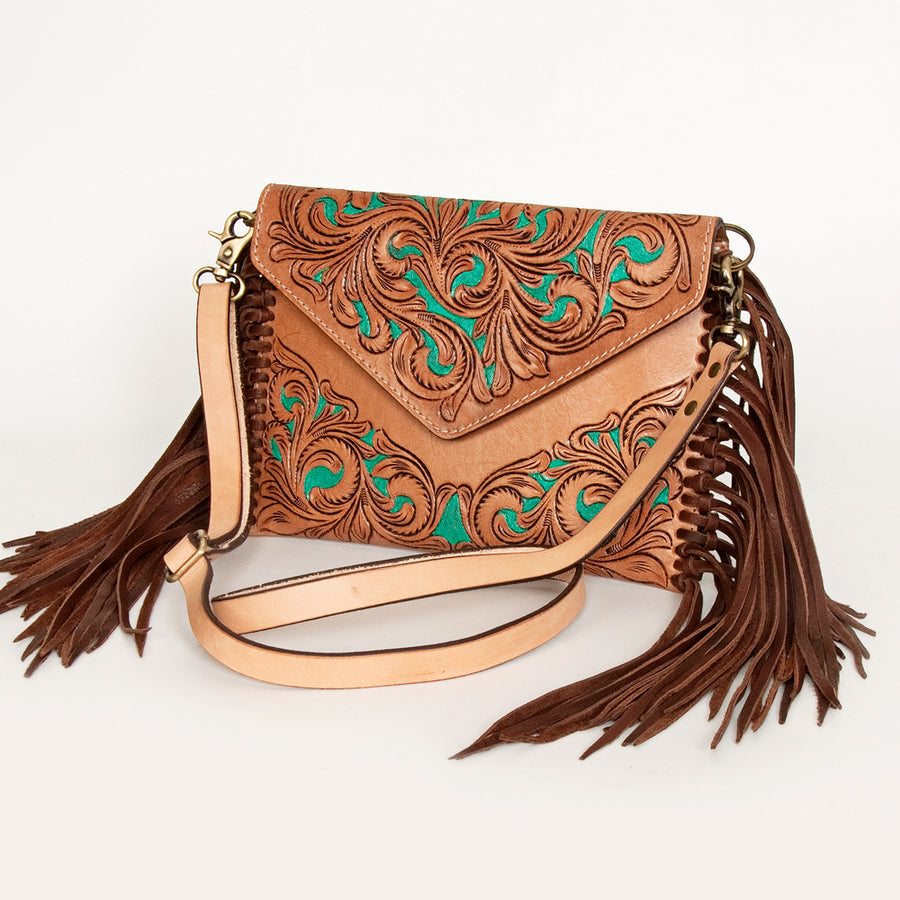 American Darling Hand Tooled Floral Carved Leather Envelope with Fringes - Uhorse