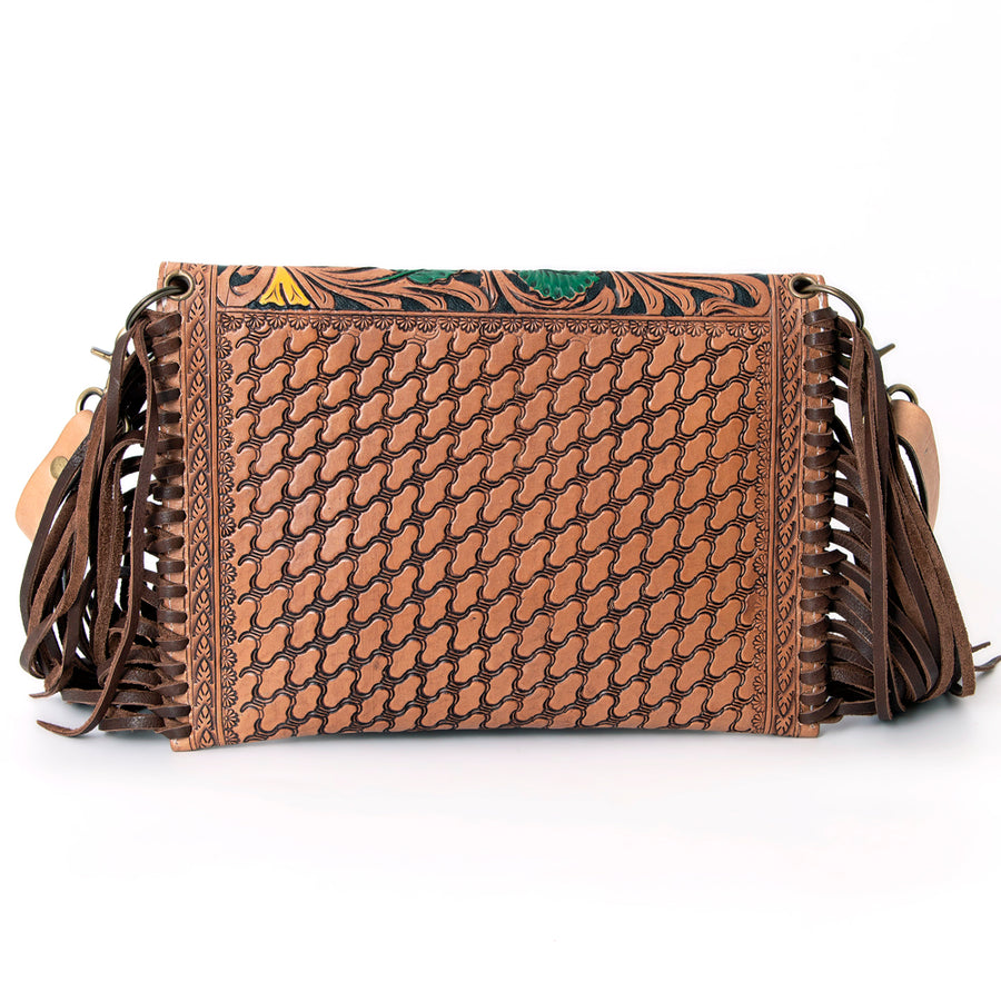 American Darling Leather Envelope for Women - Hand Tooled Floral Carved Genuine Leather Crossbody with Fringes & YKK Zipper