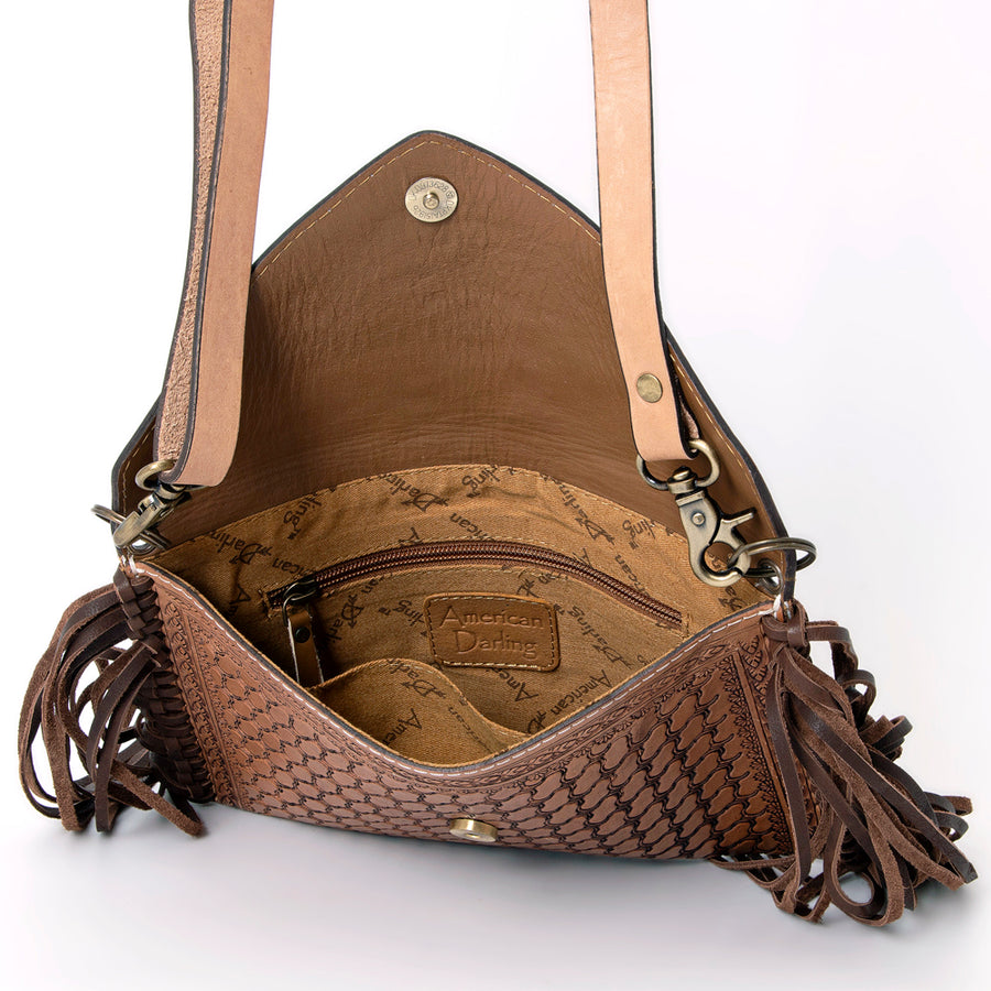 American Darling Leather Envelope for Women - Hand Tooled Floral Carved Genuine Leather Crossbody with Fringes & YKK Zipper
