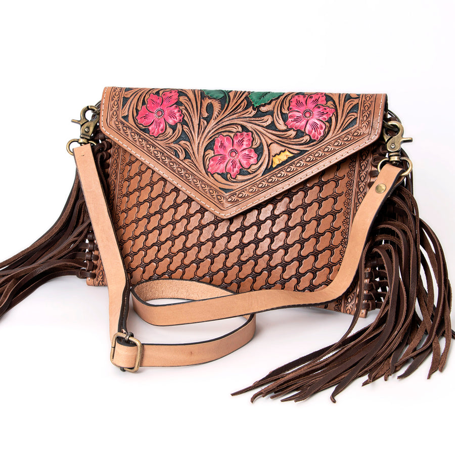 American Darling Hand Tooled Floral Carved Leather Envelope with Fringes - Uhorse